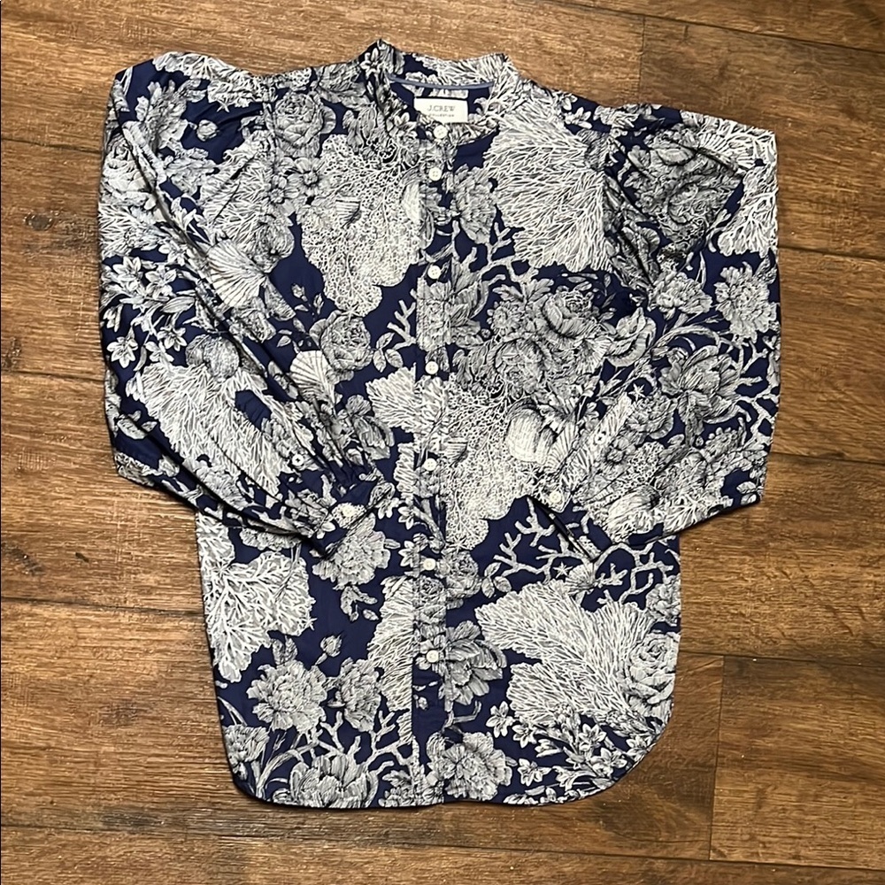 J. Crew Classic-fit collarless puff-sleeve shirt in Ratti® seashell print